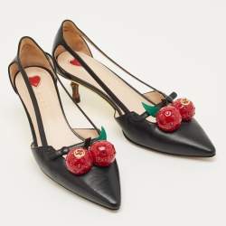 Pre Owned Gucci Black Leather Unia Cherry Bamboo Heel Pointed Toe Pump Size 36
