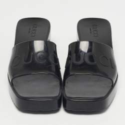Pre Owned Gucci Black Rubber Logo Embossed Platform Slide Sandals Size 37