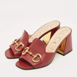 Pre Owned Gucci Burgundy Leather Horsebit Slide Sandals Size 38