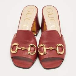 Pre Owned Gucci Burgundy Leather Horsebit Slide Sandals Size 38