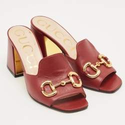 Pre Owned Gucci Burgundy Leather Horsebit Slide Sandals Size 38