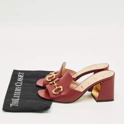 Pre Owned Gucci Burgundy Leather Horsebit Slide Sandals Size 38