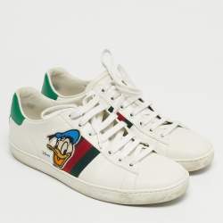 Pre Owned Gucci White Leather Ace Web Low Top Sneakers Size 38.5