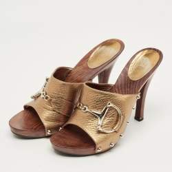 Pre Owned Gucci Gold/Brown Leather Icon Bit Clogs Size 39.5