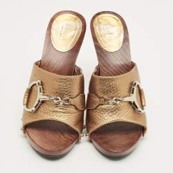 Pre Owned Gucci Gold/Brown Leather Icon Bit Clogs Size 39.5