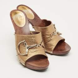 Pre Owned Gucci Gold/Brown Leather Icon Bit Clogs Size 39.5