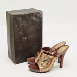 Pre Owned Gucci Gold/Brown Leather Icon Bit Clogs Size 39.5