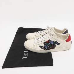 Pre Owned Gucci White Snakeskin Embossed and Leather Ace Low Top Sneakers Size 36.5