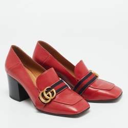 Pre Owned Gucci Red Leather GG Marmont Web Loafer Pumps Size 37
