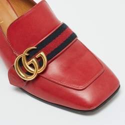 Pre Owned Gucci Red Leather GG Marmont Web Loafer Pumps Size 37
