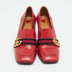 Pre Owned Gucci Red Leather GG Marmont Web Loafer Pumps Size 37