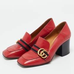 Pre Owned Gucci Red Leather GG Marmont Web Loafer Pumps Size 37