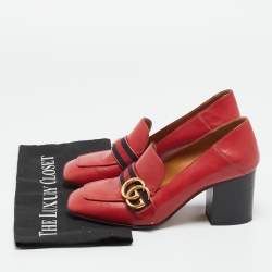 Pre Owned Gucci Red Leather GG Marmont Web Loafer Pumps Size 37