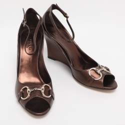 Pre Owned Gucci Metallic Leather Horsebit Wedge Sandals Size 39.5