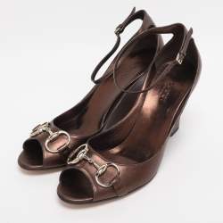 Pre Owned Gucci Metallic Leather Horsebit Wedge Sandals Size 39.5