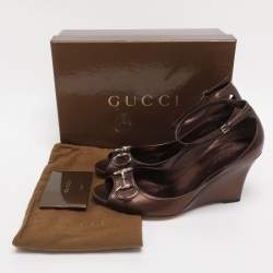 Pre Owned Gucci Metallic Leather Horsebit Wedge Sandals Size 39.5