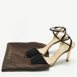 Pre Owned Gucci Black/Gold Leather and Suede Delphine Ankle Wrap Pumps Size 39