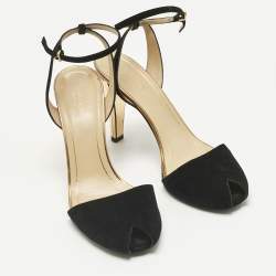 Pre Owned Gucci Black/Gold Leather and Suede Delphine Ankle Wrap Pumps Size 39