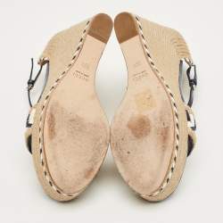 Pre Owned Gucci Beige/Blue Jute and Leather Crystal Embellished Espadrille Wedge Sandals Size 39.5