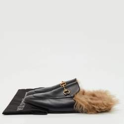 Pre Owned Gucci Black Leather and Fur Princetown Horsebit Flat Mules Size 41