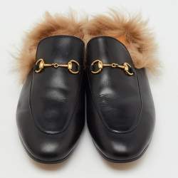Pre Owned Gucci Black Leather and Fur Princetown Horsebit Flat Mules Size 41
