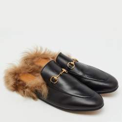 Pre Owned Gucci Black Leather and Fur Princetown Horsebit Flat Mules Size 41