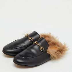 Pre Owned Gucci Black Leather and Fur Princetown Horsebit Flat Mules Size 41