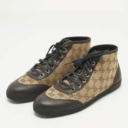 Pre Owned Gucci Brown/Beige GG Canvas and Leather Lace Up High Top Sneakers Size 39