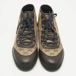 Pre Owned Gucci Brown/Beige GG Canvas and Leather Lace Up High Top Sneakers Size 39