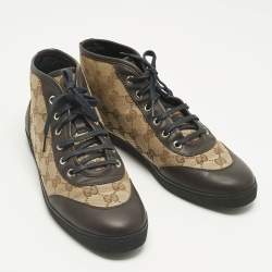 Pre Owned Gucci Brown/Beige GG Canvas and Leather Lace Up High Top Sneakers Size 39