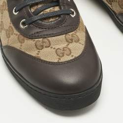 Pre Owned Gucci Brown/Beige GG Canvas and Leather Lace Up High Top Sneakers Size 39