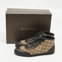 Pre Owned Gucci Brown/Beige GG Canvas and Leather Lace Up High Top Sneakers Size 39
