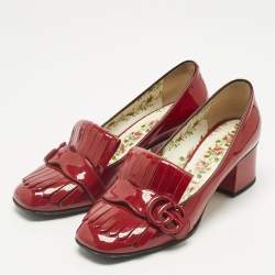 Pre Owned Gucci Red Patent Fringe Marmont GG Loafer Pumps Size 37.5