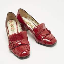 Pre Owned Gucci Red Patent Fringe Marmont GG Loafer Pumps Size 37.5