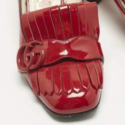 Pre Owned Gucci Red Patent Fringe Marmont GG Loafer Pumps Size 37.5