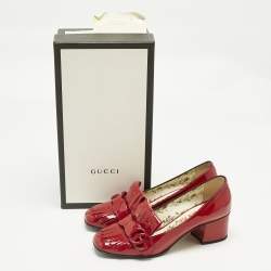 Pre Owned Gucci Red Patent Fringe Marmont GG Loafer Pumps Size 37.5