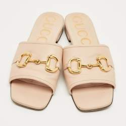 Pre Owned Gucci Pink Leather Horsebit Slide Flats Size 40
