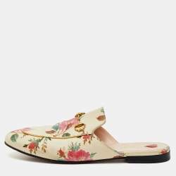 Pre Owned Gucci Cream Leather Floral Print Princetown Flat Mules Size 41.5
