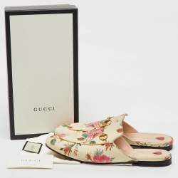 Pre Owned Gucci Cream Leather Floral Print Princetown Flat Mules Size 41.5