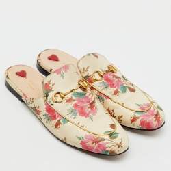 Pre Owned Gucci Cream Leather Floral Print Princetown Flat Mules Size 41.5
