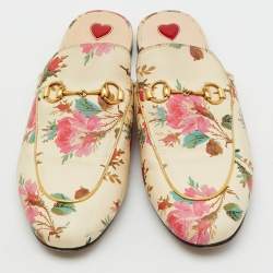 Pre Owned Gucci Cream Leather Floral Print Princetown Flat Mules Size 41.5