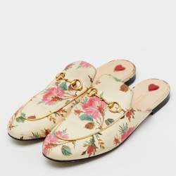 Pre Owned Gucci Cream Leather Floral Print Princetown Flat Mules Size 41.5