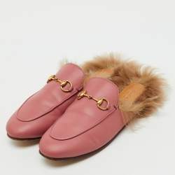 Pre Owned Gucci Rose Pink Leather and Fur Princetown Horsebit Flat Mules Size 37.5