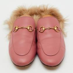 Pre Owned Gucci Rose Pink Leather and Fur Princetown Horsebit Flat Mules Size 37.5
