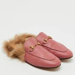 Pre Owned Gucci Rose Pink Leather and Fur Princetown Horsebit Flat Mules Size 37.5