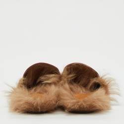 Pre Owned Gucci Rose Pink Leather and Fur Princetown Horsebit Flat Mules Size 37.5