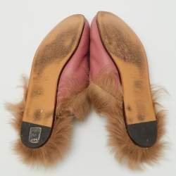 Pre Owned Gucci Rose Pink Leather and Fur Princetown Horsebit Flat Mules Size 37.5