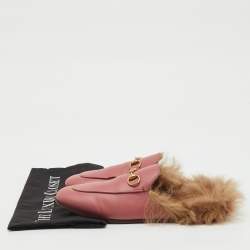 Pre Owned Gucci Rose Pink Leather and Fur Princetown Horsebit Flat Mules Size 37.5