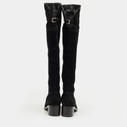 Pre Owned Gucci Black Leather And Suede Horsebit Knee Length Boots Size 39