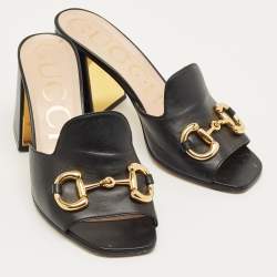 Pre Owned Gucci Black Leather Horsebit Slide Sandals Size 38